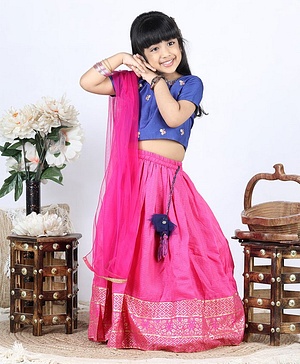 Babyhug Half Sleeves Choli Lehenga With Dupatta - Blue Fuschia
