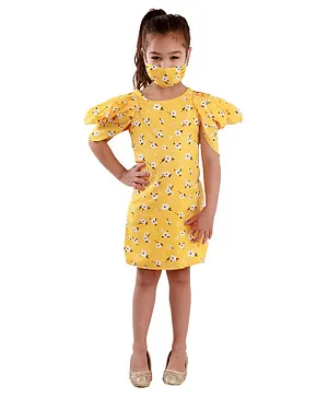 KIDSDEW Puff Half Sleeves Floral Print Dress With Mask - Yellow