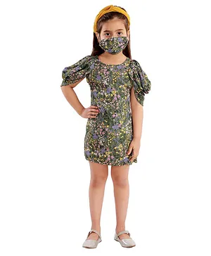 KIDSDEW Puff Half Sleeves Floral Print Dress With Mask - Green