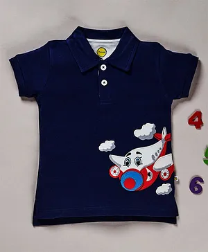 Pranava Organic Cotton Half Sleeve Polo Aeroplane Applique T-Shirt  - Navy Blue