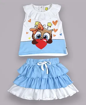 Pranava Organic Cotton Sleeveless  Lovebird Printed Top With Layered Skirt - Blue