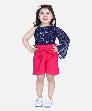 Lilpicks Couture One Sided Full Sleeves Stars Printed Top With Frilly Shorts - Blue & Pink