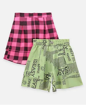 Lilpicks Couture Pack Of 2 Flared Checked & Text Print Shorts - Green Pink