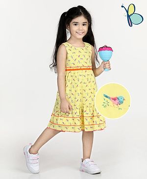 Hola Bonita Sleeveless Frock Bird Print - Yellow