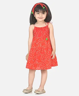 BownBee Sleeveless Bandhani Print Dress With Headband - Red