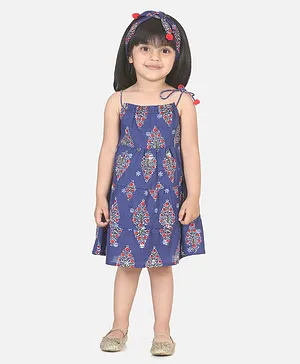 BownBee Sleeveless Hand Block Print Dress With Headband - Blue