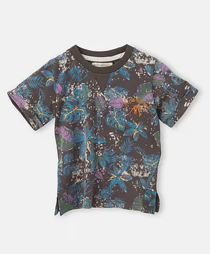 Angel & Rocket Half Sleeves Leaves Print T-Shirt - Blue