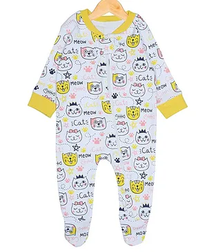 The Mom Store Full Sleeves Cats Print Footed Romper - Yellow & White