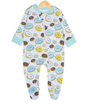 The Mom Store Full Sleeves Doughnuts Print Footed Romper - Light Blue