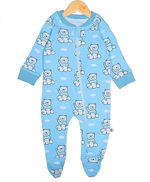 The Mom Store Full Sleeves Bear Print Footed Romper - Blue