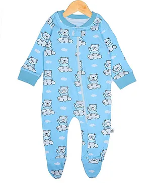 The Mom Store Full Sleeves Bear Print Footed Romper - Blue