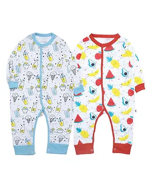 The Mom Store Pack Of 2 Full Sleeves Smoothie & Fruits Print Rompers - Blue & Red