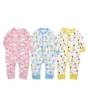 The Mom Store Pack Of 3 Full Sleeves Unicorn Print Rompers - Yellow Blue Pink