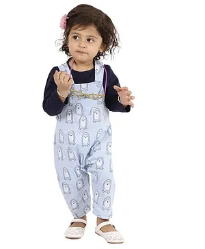 The Mom Store Full Sleeves Tee With Penguins Print Dungaree Style Romper - Blue