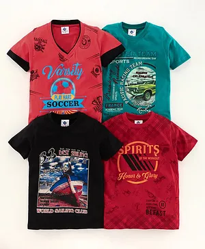 TONYBOY Pack Of 4 Variety Soccer Printed Half Sleeves T-Shirt - Red Black Green