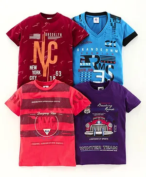 TONYBOY Pack Of 4 NYC Printed Half Sleeves T-Shirt - Blue Purple Red