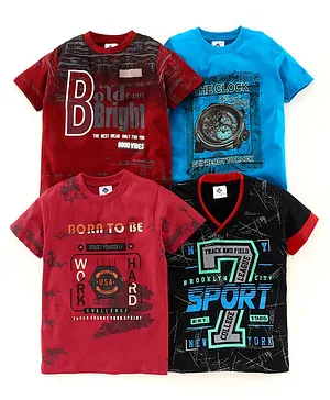 TONYBOY Pack Of 4 Bold Bright Printed Half Sleeves T-Shirt - Red Black Blue