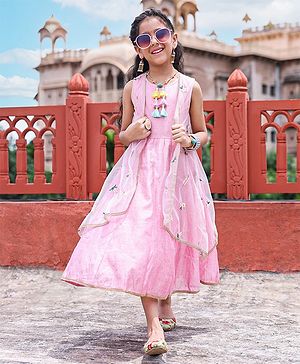 Pine Kids Sleeves Ethnic Dress with Embroidered Shrug - Pink