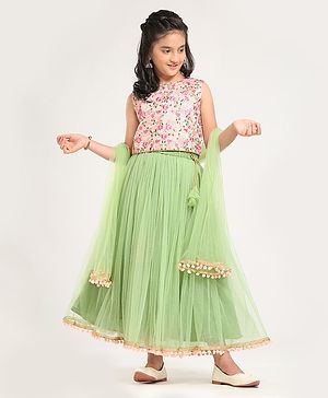 Pine Kids Sleeveless Lehenga Choli with All over Embroidery - Green