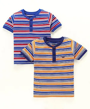 Honeyhap Half Sleeves 100% Cotton Striped Henley Tee Pack of 2 -  Blue