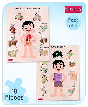 Babyhug Premium Wooden Body Parts 18 Pieces Puzzle - Pack of 2| Educational and Learning Montessori Toy| Knob and Peg Pre- School Puzzle| BIS Certified| 2 Years+