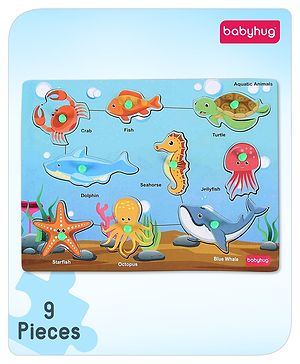 Babyhug Premium 9 pcs Aquatic Animals Wooden Board puzzle for Toddlers| Montessori Educational and Learning Toy | Shape Matching Puzzle |Preschool Colorful Knob and Peg Puzzle| BIS Certified| 18+ months