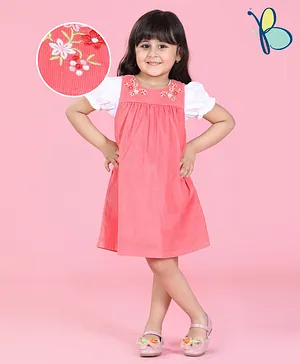 Hola Bonita Corduroy Frock with Puffed Sleeves Inner Tee Floral Embroidery - Pink