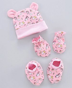 Babyhug 100% Cotton Cap Mitten & Booties Set Unicorn Print Pink - Diameter 11.5 cm