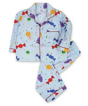 Knitting Doodles Full Sleeves Candies Printed Night Suit - Light Blue