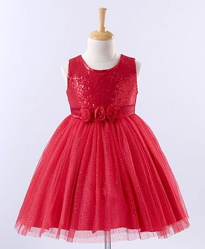 Babyhug Sleeveless Sequin Detailing Frock - Red