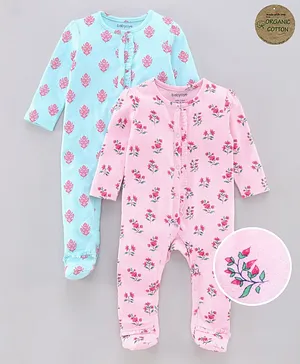 Babyoye Organic Cotton Full Sleeves Footed Sleepsuits Pack of 2 - Pink Blue