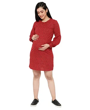 Mometernity Full Sleeves Polka Dot Print Maternity Shift Dress - Red