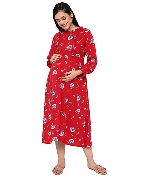 Mometernity Full Sleeves Floral Print Ruffle Detail Maternity & Nursing Dress - Red