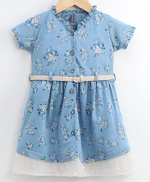 Enfance Short Sleeves Flower Print Button Down Dress - Blue