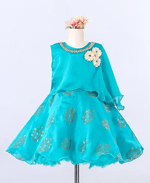 Enfance Sleeveless Flower Applique Flared Party Dress - Green