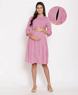 Bella Mama Three Fourth Sleeves Checked Maternity Dress with Mask - Pink