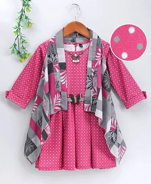 Enfance Full Sleeves Polka Dot Box Pleat Dress With Printed Shrug - Pink