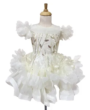 Enfance Short Sleeves Sequined Fit & Flare Dress - White