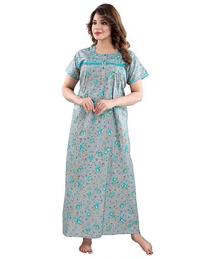 Fabme Half Sleeves Flower Print Maternity Nighty  - Grey