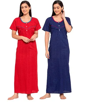 Fabme Pack Of 2 Half Sleeves Floral Print Nighty  - Red Blue