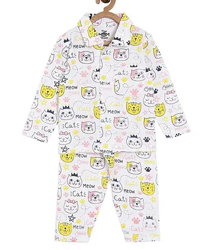 The Mom Store Full Sleeves Cat Print Night Suit - Multicolor