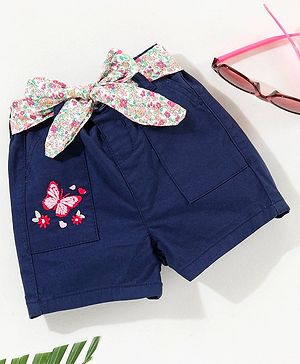 Babyhug Shorts With Fabric Belt Butterfly Embroidery - Navy Blue
