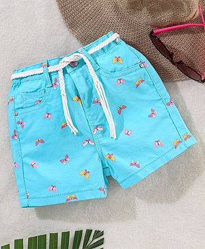 Babyhug Washed Cotton Twill Lycra Woven Shorts Butterfly Print - Blue - 4-5Y Blue
