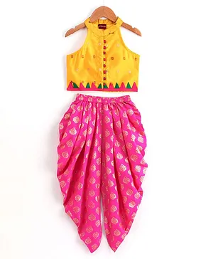 Twisha Sleeveless Top With Motif Print Dhoti - Yellow & Pink