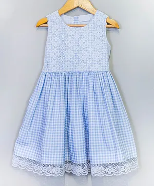 Lil Drama Sleeveless Floral Work Checked Flare Dress - Blue