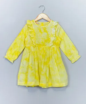 Lil Drama Full Sleeves Marble Print Dress With Frills  - Yellow