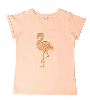 Funkrafts Half Sleeves Sequined Flamingo Tee - Peach