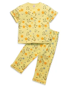 Brats and Dolls Half Sleeves Night Suit Teddy Print - Yellow
