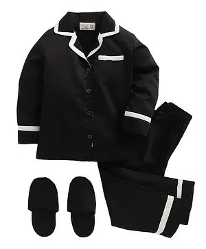 Piccolo Solid Full Sleeves Night Suit With Slippers - Black