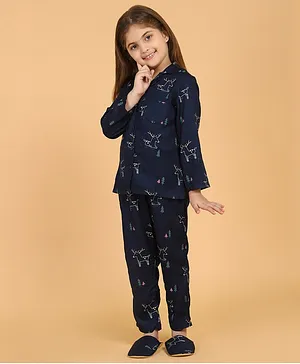 Piccolo Animal Print Full Sleeves Night Suit With Slippers - Navy